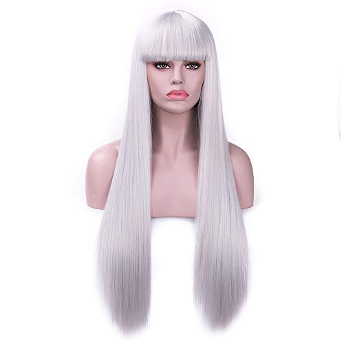 Rosa Star Long Straight Hair Wigs with Flat Bangs Silver Gray Synthetic Wig for Women 26 Inches(88/89#)