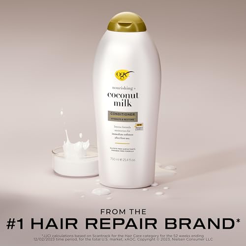 OGX Nourishing + Coconut Milk Conditioner, Hydrating & Restoring Conditioner Moisturizes for Soft Hair After the First Use, Paraben-Free, Sulfate-Free Surfactants, 25.4 fl. oz