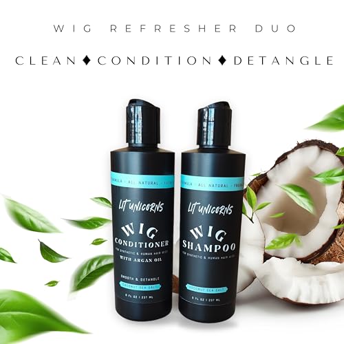 LIT UNICORNS All Natural Wig Shampoo & Conditioner Set for Human Hair and Synthetic Wigs. Clean | Detangle | Soften. Keep Your Wig Fresh - Coconut Scent (16oz Flip-Top)