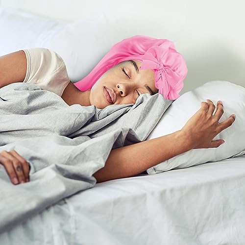 PLUMXUE Long Silk-Satin Hair Bonnet - Extra Large Sleeping Cap for Women Braid Curly with Adjustable Tie Band and Scrunchies (Pink)