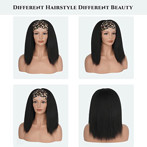 Aminow Kinky Straight Headband Wig, Soft & Natural as Human Hair, Glueless Headband Wigs for Black Women, Long Black Italian Yaki Synthetic Half Wig (1B Natural Black, 16 Inch)