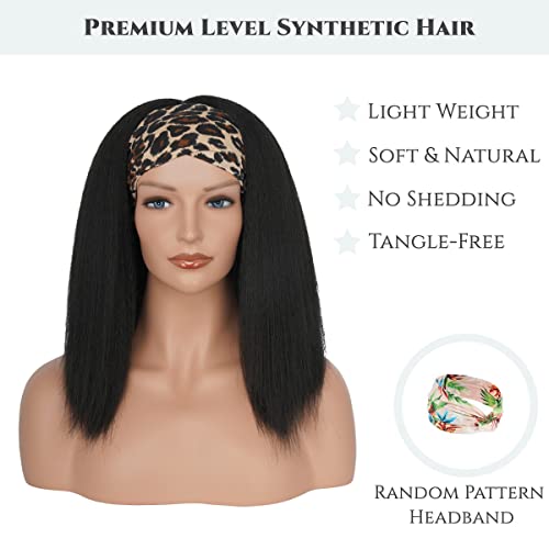 Aminow Kinky Straight Headband Wig, Soft & Natural as Human Hair, Glueless Headband Wigs for Black Women, Long Black Italian Yaki Synthetic Half Wig (1B Natural Black, 16 Inch)