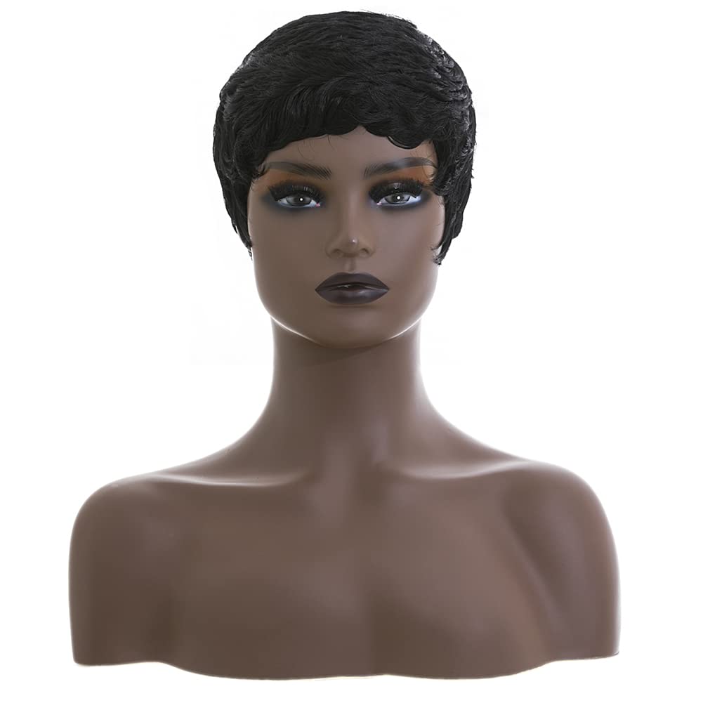 Short Pixie Cut Wigs for Black Women Short Natural Black Curly Wig With Bangs Synthetic Hair Pixie Wig for Women Pixie Cut Wigs Layered Hair Wig (Natural Black)