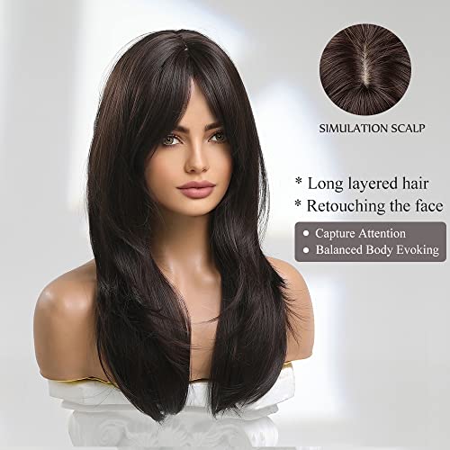OUFEI 20 Inches Long Straight Dark Brown Layered Synthetic Hair Wigs with Bangs for Women Daily Party Use…