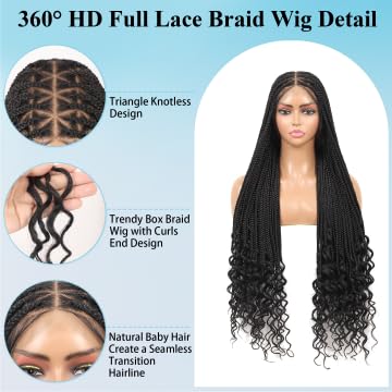 Olymei 360° Hd Full Lace Braided Wigs for Women Triangle Knotless Braided Wigs with Curly End with Baby Hair Box Braid Wig Premium Synthetic Braid Lace Front Wig Black 36"