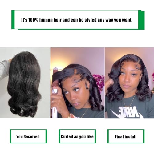 Douyin Bob Wig Human Hair 13x4 Frontal Lace Wig 14 Inch Body Wave 180% Density HD Lace Front Wigs Human Hair Pre Plucked Glueless Bob Wigs for Women Human Hair Wigs (14 inch, Natural Black)