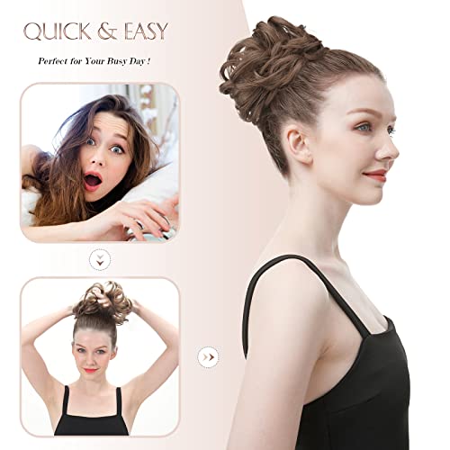 FESHFEN Messy Hair Bun Hair Pieces Elastic Wavy Curly Hair Bun Scrunchies Extensions Synthetic Chignon Hairpieces for Women Girls, Gray and White Tips 1 PCS