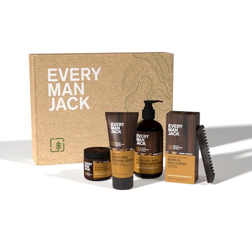 Every Man Jack Mens Sandalwood Grooming Set - Five Full-Sized Essentials: Wash, Lotion, Hydrating Oil, Butter, and Comb