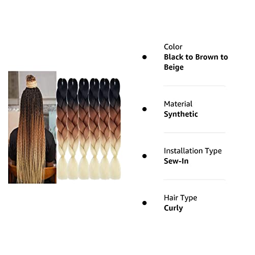 SHUOHAN 6 Packs Ombre Jumbo Braiding Hair Extensions 24 Inch High Temperature Synthetic Fiber Hair Extensions for Box Braids Braiding Hair (Black to Brown to Beige)