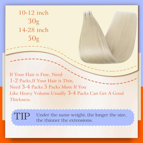 Full Shine Fashion Tape Hair Extensions Real Remy Human Couture Short 12 Inch Color 60 Platinum Blonde in Remy 20 Pieces 30G Thick Ends Piece for Invisible Seamless Human Hair Extensions