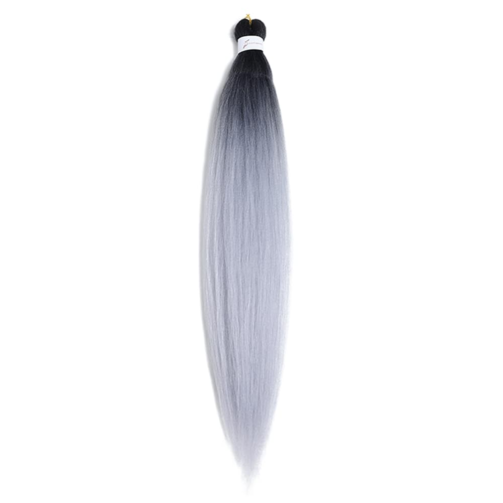 Pre Stretched Braiding Hair 26 Inch Ombre Red Kanekalon Braiding Hair Extensions Hot Water Setting Crochet Box Braids Hair (26 Inch (Pack of 1), Black-Silver Grey)