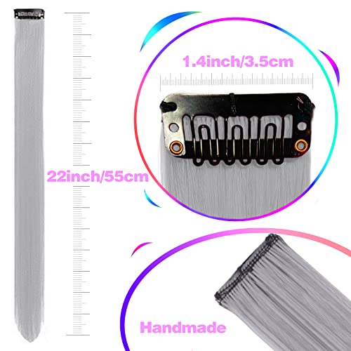 12 PCS Grey Hair Extensions Clip in, Colored Party Highlights Extension for Kids Girls Synthetic Hairpiece Straight 22 inch