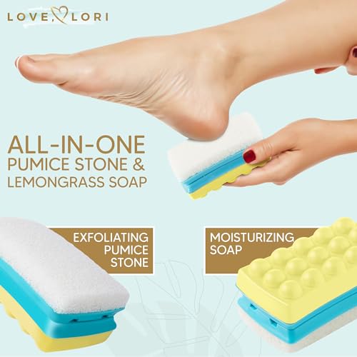 Love Lori 2 in 1 Foot Pumice Stone & Soap, Shower Foot Scrubber Exfoliator, Callus Remover for Feet, Feet Scrubber Dead Skin Removal, Great Foot Care Kit, Pedicure Kit & Foot Spa Kit Gift!