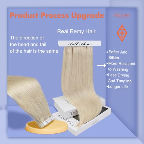Full Shine Fashion Tape Hair Extensions Real Remy Human Couture Short 12 Inch Color 60 Platinum Blonde in Remy 20 Pieces 30G Thick Ends Piece for Invisible Seamless Human Hair Extensions