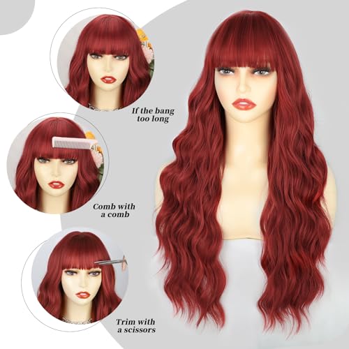 Lativ Red Wig With Bangs Long Red Wigs for Women 26 Inches Curly Wavy Hair Natural Looking Heat Resistant Fiber Wig for Girls Halloween Party Use