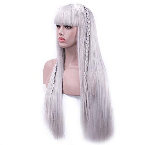 Rosa Star Long Straight Hair Wigs with Flat Bangs Silver Gray Synthetic Wig for Women 26 Inches(88/89#)