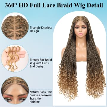 Olymei 360° Hd Full Lace Braided Wigs for Women Triangle Knotless Braided Wigs with Curly End with Baby Hair Box Braid Wig Premium Synthetic Braid Lace Front Wig Light Brown 36"