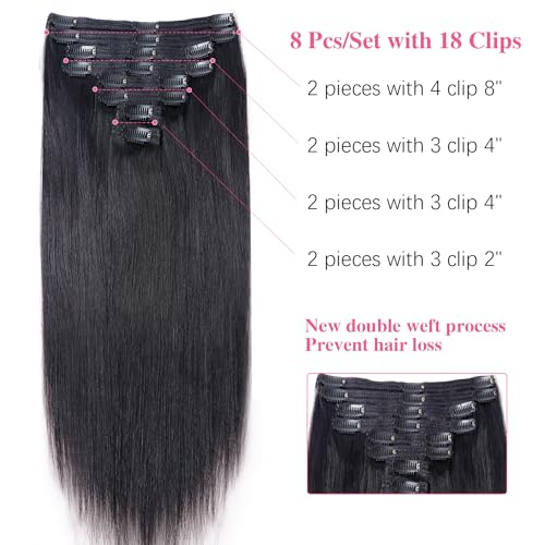Clip in Hair Extensions Real Human Hair Clip ins Remy Human Hair Clip in Extensions Black Women 14 Inch Invisible Natural Straight Seamless Clip on Hair Extensions 8 pieces with 18 Clips 120g
