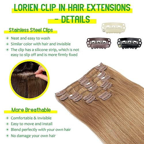 LORIEN Clip in Hair Extensions Real Human Hair, 18 Inch 100g, #27 Honey Blonde, Clip in 100% Brazilian Remy Human Hair Extensions 8pcs Per Set with 18 Clips Double Weft