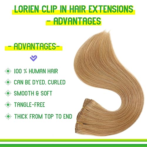 LORIEN Clip in Hair Extensions Real Human Hair, 18 Inch 100g, #27 Honey Blonde, Clip in 100% Brazilian Remy Human Hair Extensions 8pcs Per Set with 18 Clips Double Weft