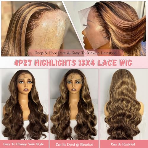 Munx Highlight Ombre Lace Front Wigs Human Hair Pre Plucked with Baby Hair 13x4 Body Wave Frontal Wigs Human Hair 180% Density 4/27 Colored Honey Blonde Human Hair Wig for Women Long 34inch