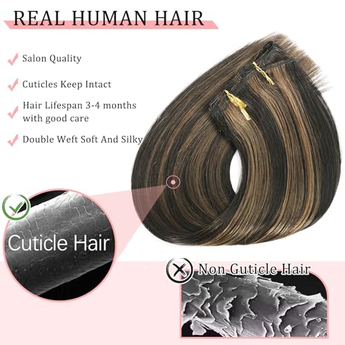 Clip in Hair Extensions Real Human Hair, Remy Human Hair Clip in Extensions Double Weft Seamless Clip ins Hair Extension for Women Balayage Natural Black Mixed Chestnut Brown 16 Inch 2.8oz/80g