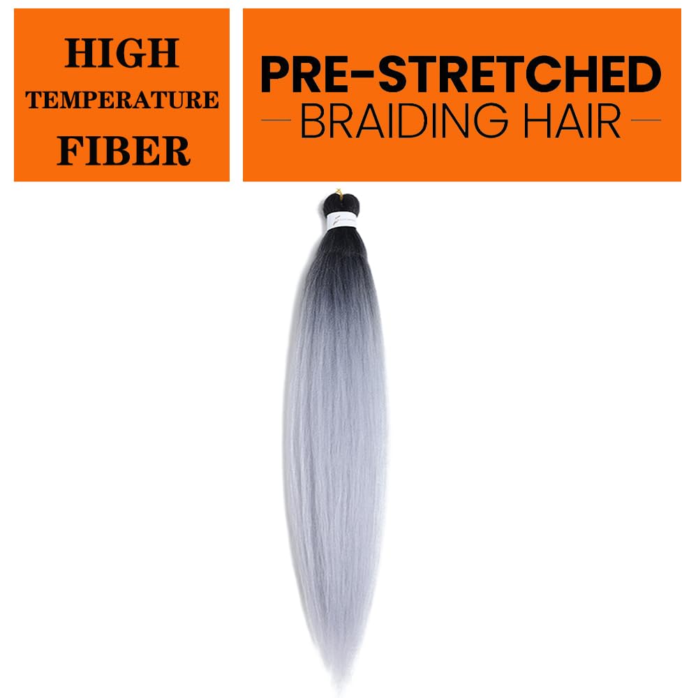 Pre Stretched Braiding Hair 26 Inch Ombre Red Kanekalon Braiding Hair Extensions Hot Water Setting Crochet Box Braids Hair (26 Inch (Pack of 1), Black-Silver Grey)