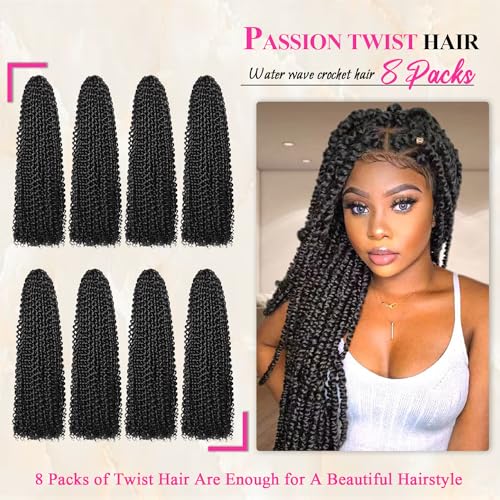 Passion Twist Hair 18 Inch 8 Packs Water Wave Crochet Hair For Black Women Passion Twists Braiding Hair Long Bohemian Spring Twist Hair Crochet Braids Synthetic Hair Extension (18inch, 1B)