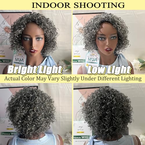 HUA Grey Glueless Wigs Human Hair Wigs for Black Women Grey Short Curly Wigs for Black Women Human Hair Mixed Kinky Curly Wear and Go Glueless Wig Ombre Gray 8 Inch Short Wigs for Older Women