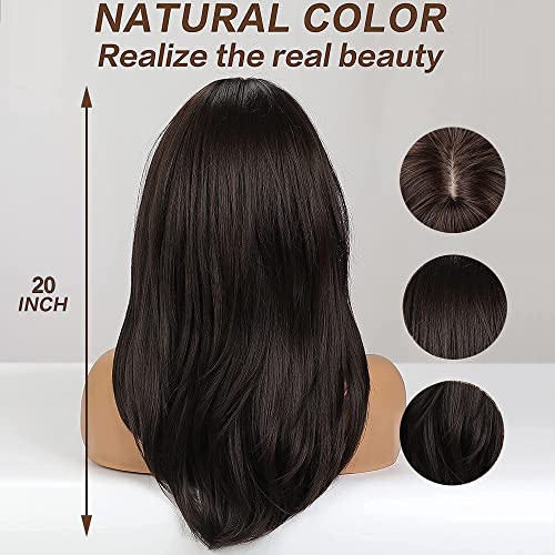 OUFEI 20 Inches Long Straight Dark Brown Layered Synthetic Hair Wigs with Bangs for Women Daily Party Use…