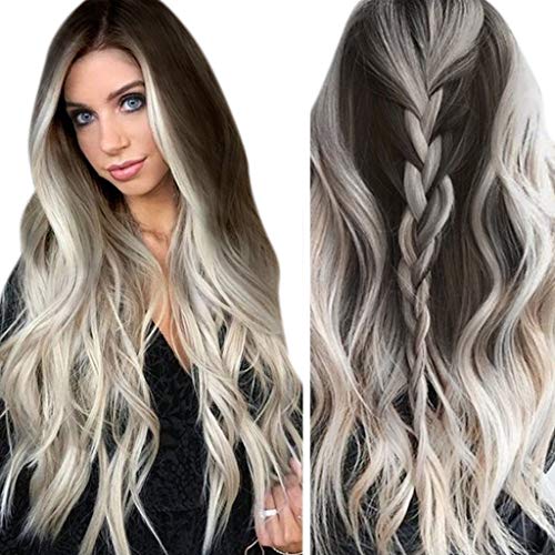 Yoyorule Fashion Party Wigs Grey Long Wigs Synthetic Wig Wavy Hair Full Womens wig Hair Wig Lace Front (grey, One Size)