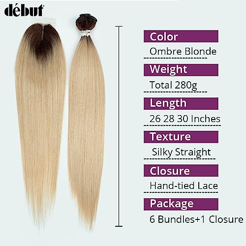 DÉBUT Silky Straight 6 Bundles with Lace Front Closure Synthetic Long Straight Hair Bundles Weave Hand-Tied Middle Parting Lace Closure Ombre Blonde Color