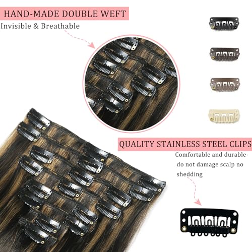 Clip in Hair Extensions Real Human Hair, Remy Human Hair Clip in Extensions Double Weft Seamless Clip ins Hair Extension for Women Balayage Natural Black Mixed Chestnut Brown 16 Inch 2.8oz/80g