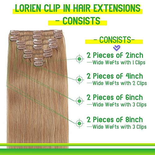 LORIEN Clip in Hair Extensions Real Human Hair, 18 Inch 100g, #27 Honey Blonde, Clip in 100% Brazilian Remy Human Hair Extensions 8pcs Per Set with 18 Clips Double Weft