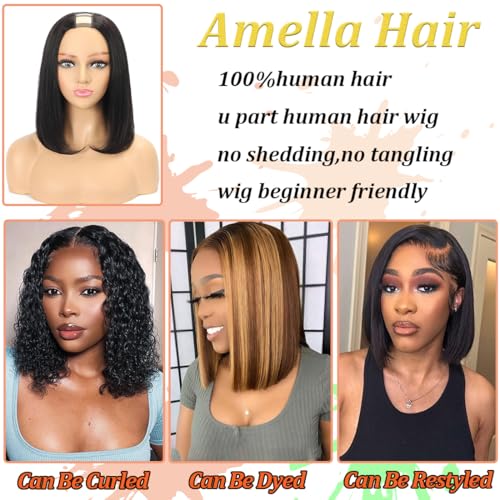 Amella Hair U Part Wig Human Hair Straight Bob Wigs For Black Women 10inch Brazilian Remy Hair Short Bob Human Hair Wigs Clip in U Part Wig Human Hair Extensions Natural Black Color