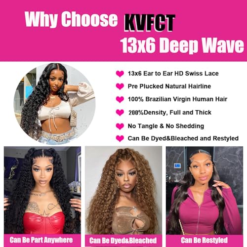 KVFCT 30 Inch Deep Wave Lace Front Wigs Human Hair 13x6 HD Transparent Human Hair Lace Front Wigs for Women 200% Density Deep Curly Human Hair Wigs Pre Plcked Deep Wave Frontal Wigs with Baby Hair