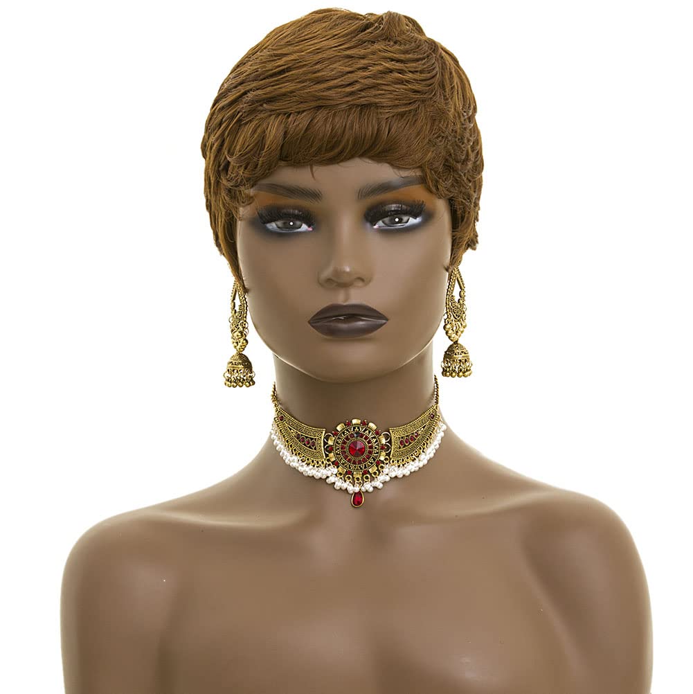 Short Wig for Black Women Dark Brown Pixie Cut Wig for Women Auburn Short Pixie Wigs With Bangs Synthetic Hair Pixie Wigs for Black Women Short Wigs (Dark Brown)