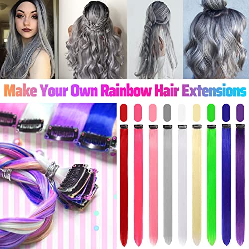 12 PCS Grey Hair Extensions Clip in, Colored Party Highlights Extension for Kids Girls Synthetic Hairpiece Straight 22 inch