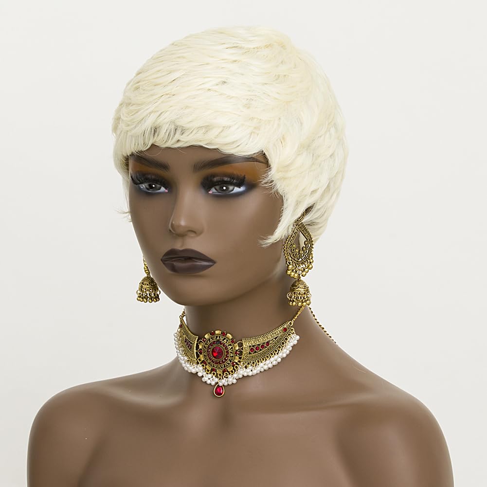 613 Blonde Pixie Cut Wig Short Wigs for Black Women Short Wavy Hair Replacement Blonde Pixie Synthetic Hair Curly Layered Wig With Bangs Short Cut Wigs for Black Women