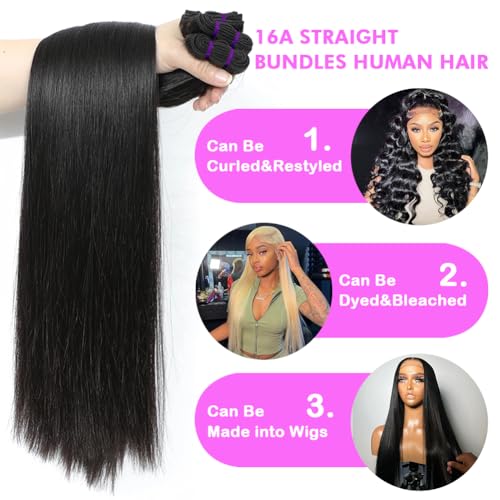 16A Straight Bundles Human Hair 100% Unprocessed Brazilian Virgin Remy Hair Straight 4 Bundles Human Hair Remy Hair Extensions Double Weft Natural Black