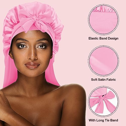 PLUMXUE Long Silk-Satin Hair Bonnet - Extra Large Sleeping Cap for Women Braid Curly with Adjustable Tie Band and Scrunchies (Pink)