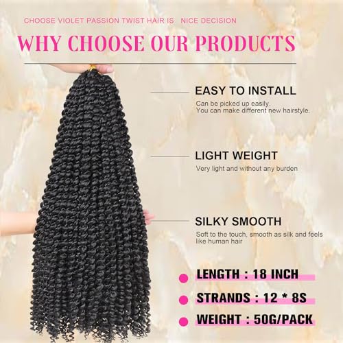 Passion Twist Hair 18 Inch 8 Packs Water Wave Crochet Hair For Black Women Passion Twists Braiding Hair Long Bohemian Spring Twist Hair Crochet Braids Synthetic Hair Extension (18inch, 1B)