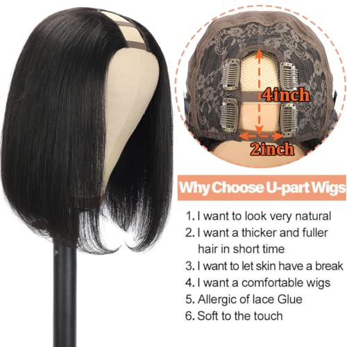Amella Hair U Part Wig Human Hair Straight Bob Wigs For Black Women 10inch Brazilian Remy Hair Short Bob Human Hair Wigs Clip in U Part Wig Human Hair Extensions Natural Black Color