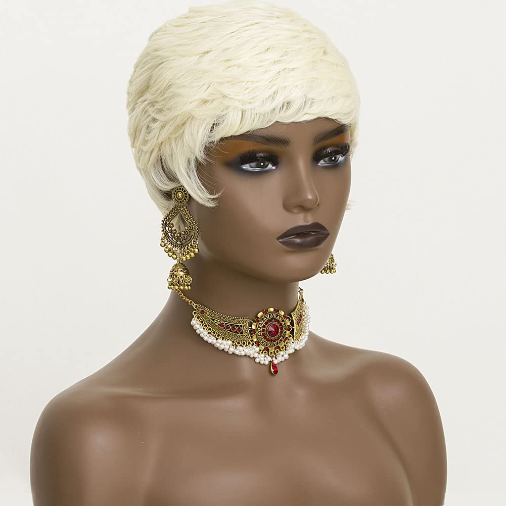 613 Blonde Pixie Cut Wig Short Wigs for Black Women Short Wavy Hair Replacement Blonde Pixie Synthetic Hair Curly Layered Wig With Bangs Short Cut Wigs for Black Women