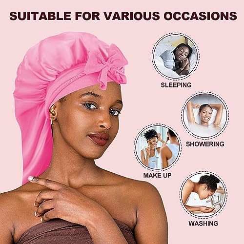 PLUMXUE Long Silk-Satin Hair Bonnet - Extra Large Sleeping Cap for Women Braid Curly with Adjustable Tie Band and Scrunchies (Pink)