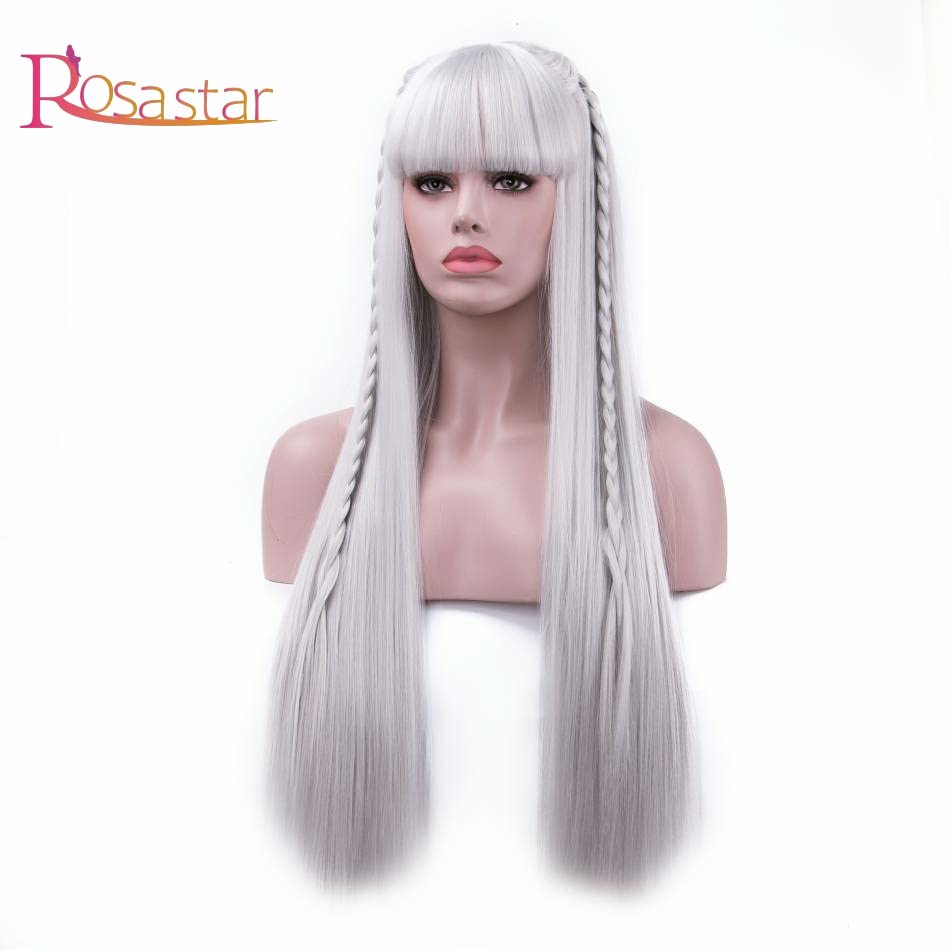 Rosa Star Long Straight Hair Wigs with Flat Bangs Silver Gray Synthetic Wig for Women 26 Inches(88/89#)