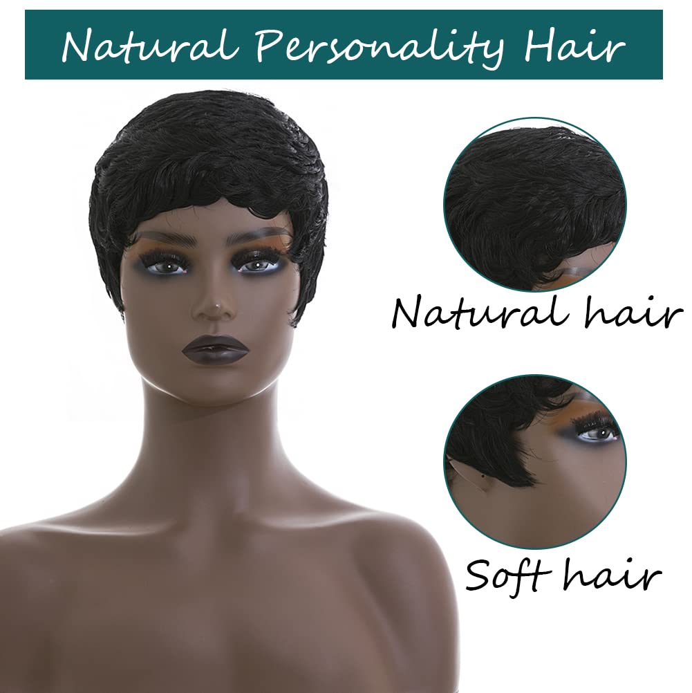 Short Pixie Cut Wigs for Black Women Short Natural Black Curly Wig With Bangs Synthetic Hair Pixie Wig for Women Pixie Cut Wigs Layered Hair Wig (Natural Black)