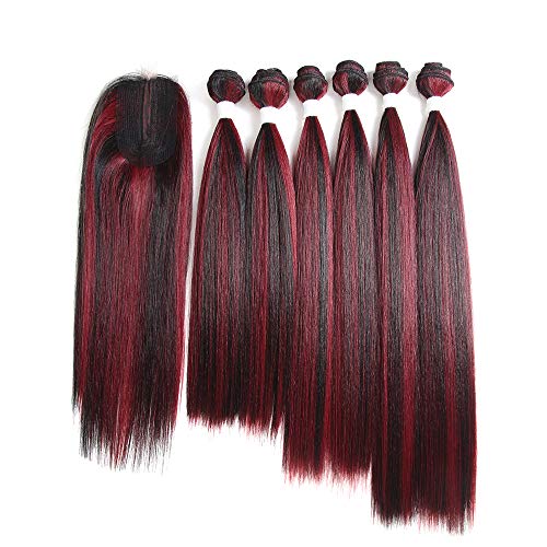 X-TRESS Ombre Burgundy Color Straight Synthetic Bundles with Free Part Closure Hand Tied Balayage Weft Weave Soft Swiss Lace Hair Extension Heat Resistant