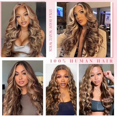 Munx Highlight Ombre Lace Front Wigs Human Hair Pre Plucked with Baby Hair 13x4 Body Wave Frontal Wigs Human Hair 180% Density 4/27 Colored Honey Blonde Human Hair Wig for Women Long 34inch