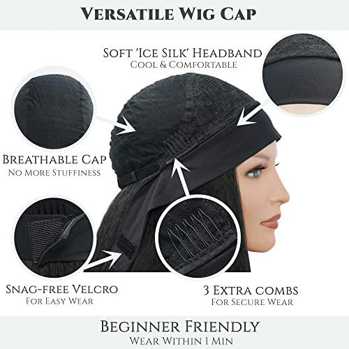 Aminow Kinky Straight Headband Wig, Soft & Natural as Human Hair, Glueless Headband Wigs for Black Women, Long Black Italian Yaki Synthetic Half Wig (1B Natural Black, 16 Inch)